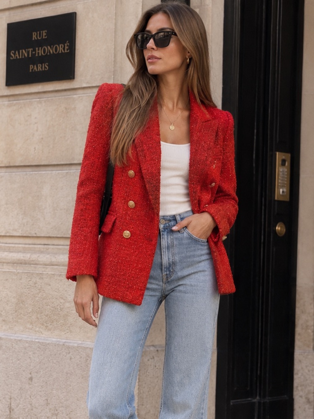 ZARA Red Textured Tweed Double Breasted Gold Button Blazer Size S